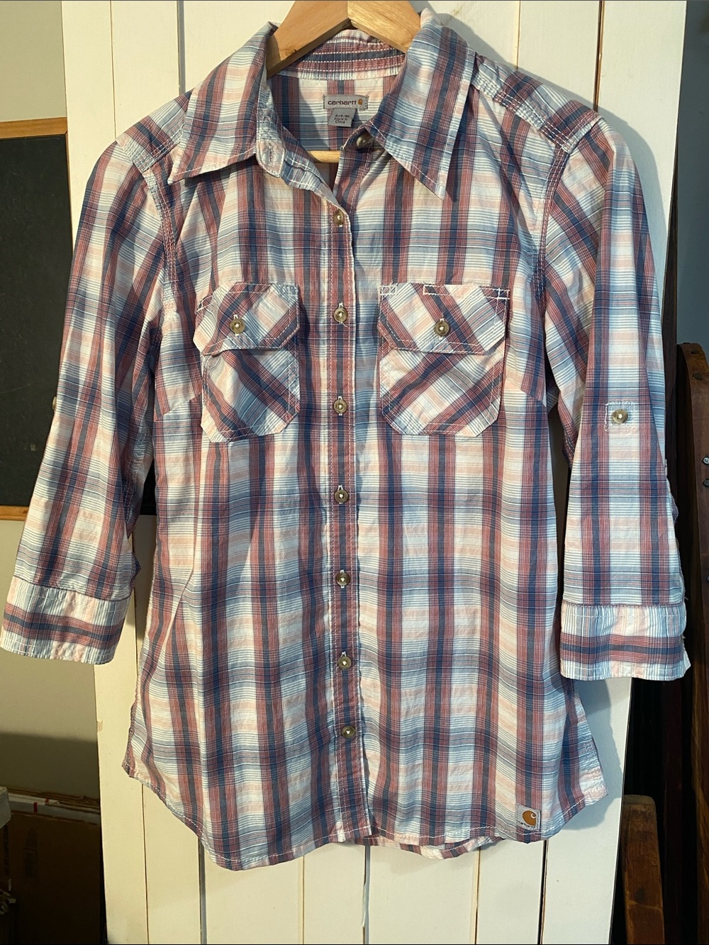 Carhartt Women’s Small Plaid Roll Tab Sleeve Button Down Shirt
